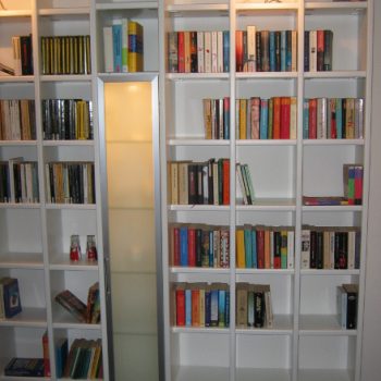 raumhohes Bücherregal MDF weiß lackiert mit geschlossenen Glastürelementen